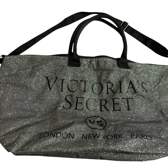 Victoria’s Secret Glitter Weekender Duffle Bag – Silver & Black “London, New Yor - Picture 1 of 3